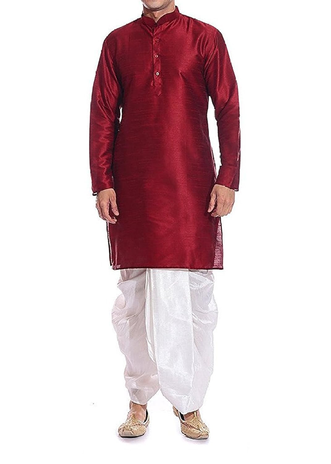 modern garments men's maroon & white dupioni silk dhoti kurta