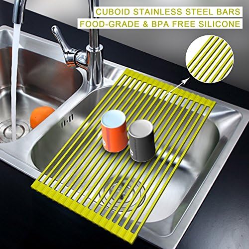 AphroD Roll-Up Dish Drying Rack,Over the Sink Dish Drainer Rack, Stainless Steel Multipurpose Dish Drying for Tableware, Fruits Veggies, Silicone Wrapped Folding Dish Drainer (Lemon Yellow)