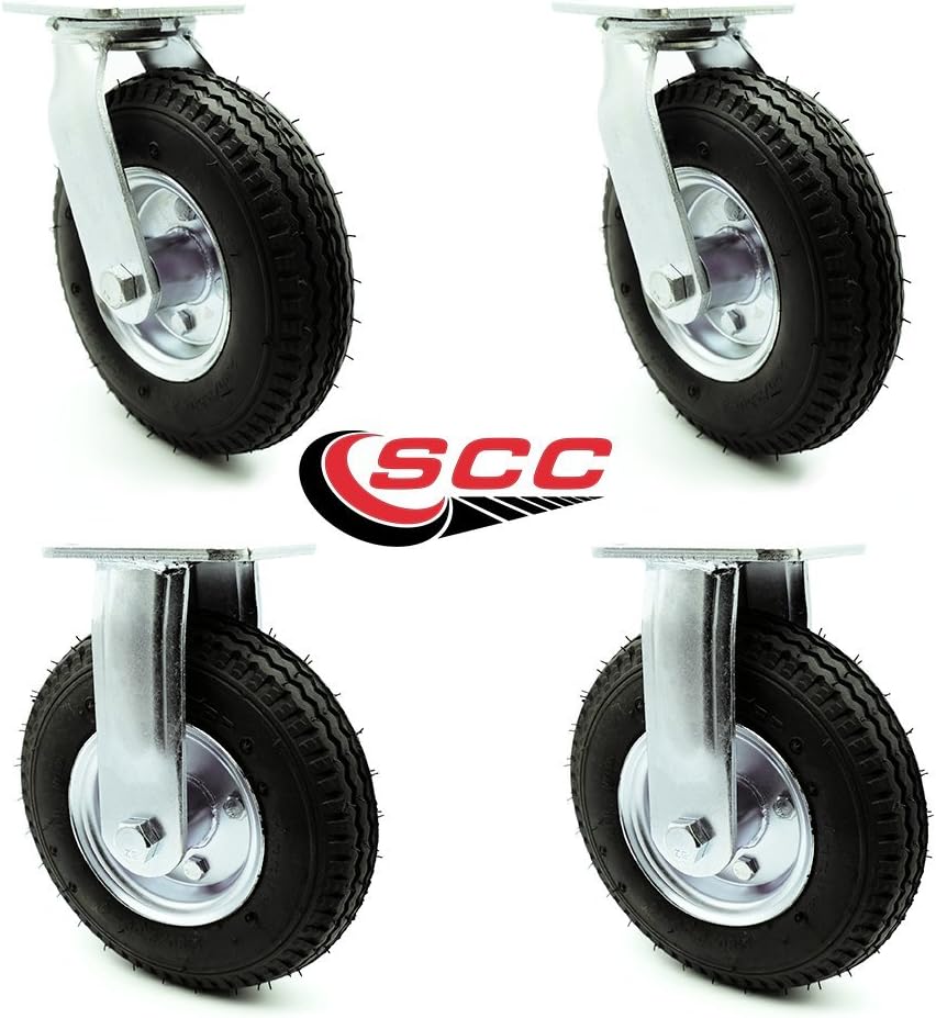 8" Pneumatic Caster Set of 4-2 Swivel/2 Rigid - Black Rubber Wheel - 1,200 lbs. Capacity - Service Caster Brand