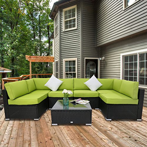 Peach Tree 7 PCs Outdoor Patio PE Rattan Wicker Sofa Sectional Furniture Set With Green Cushion, ...