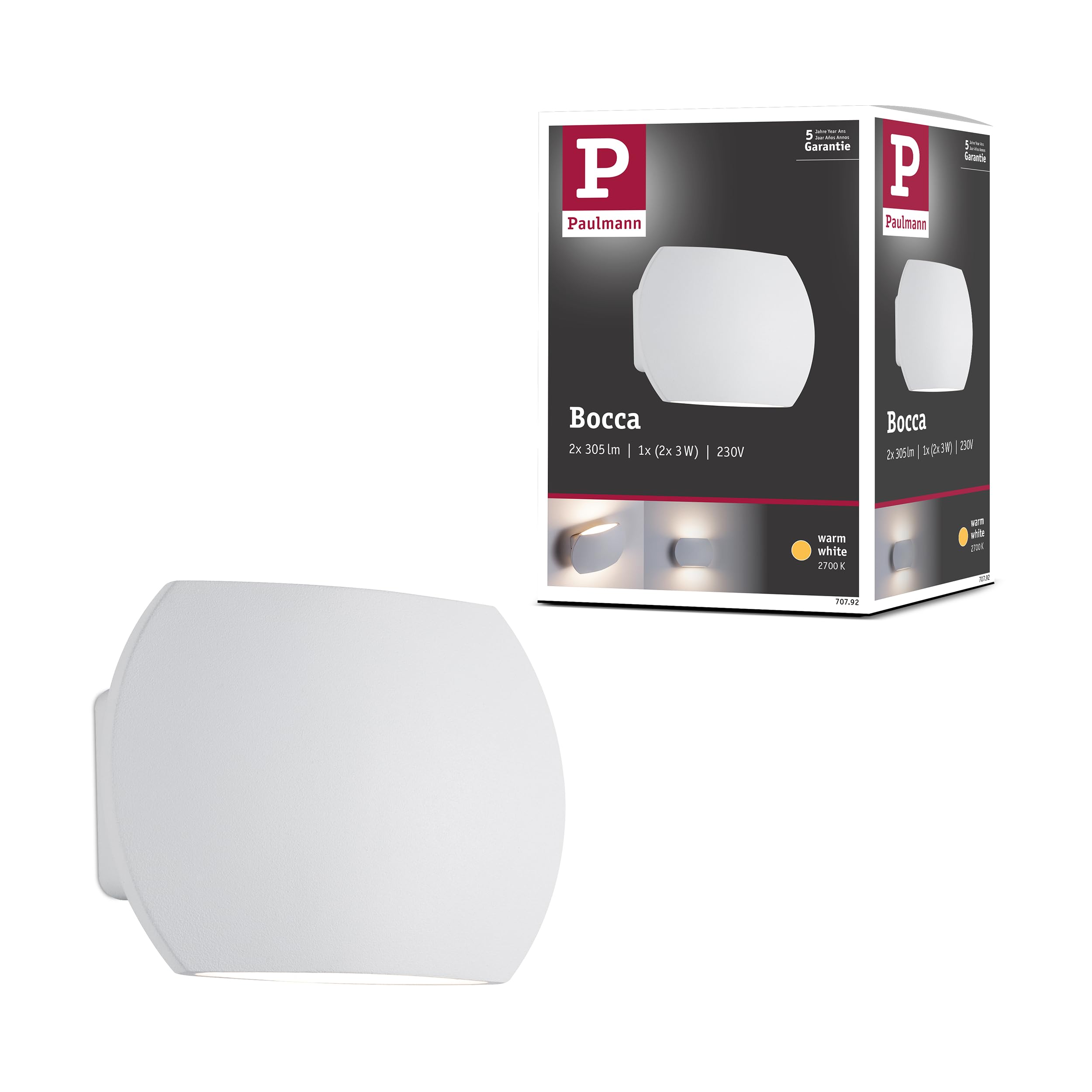 Paulmann 70792 Bocca Wall luminaire Modern Wall lamp LED Wall Lighting IP44 Splash-Water Protected Lighting Accents 2x3W White Including lamp