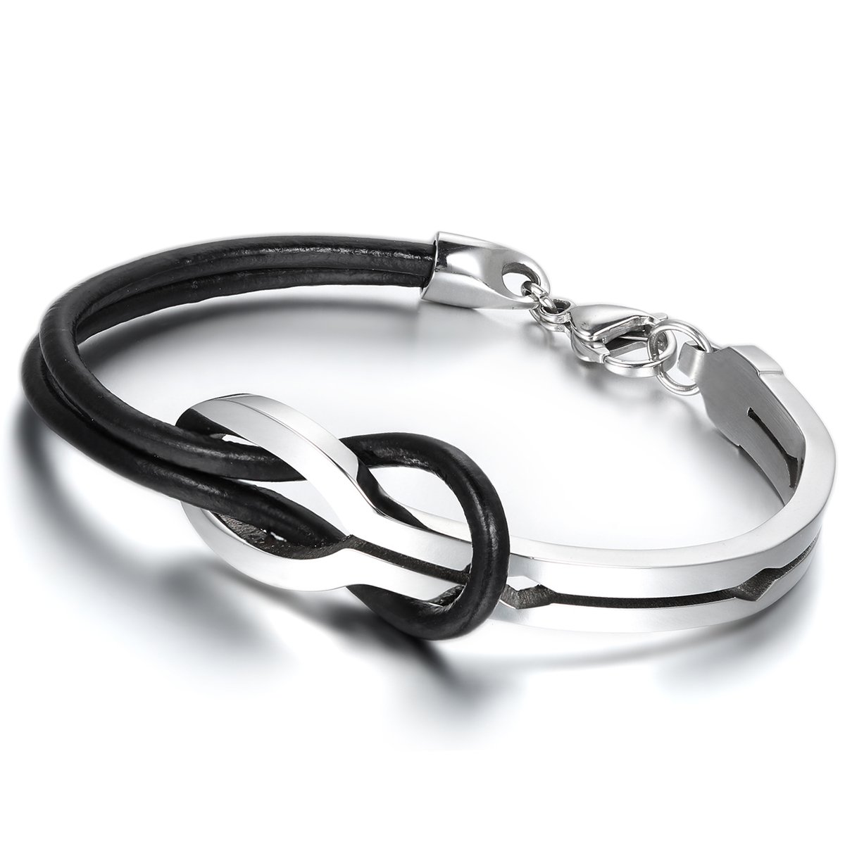 Oidea Mens Womens Leather Stainless Steel Bracelet, Infinity Cuff Bangle, Black Silver Tone,fit for 6-8 Inch Wrist