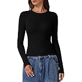 QINSEN Long Sleeve Shirts for Women Crewneck Rib Knit Slim Fit Going Out Tops Casual Basic Tee