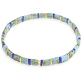 Agriajun Tila Flat Beaded Stretch Bracelets for Women, Trendy Unique Handmade Stackable Green Blue Square Beads Miyuk Link Bracelet Summer Jewelry Gift