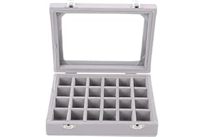 Sky Piea 24 Grid Velvet Glass Jewelry Box Jewellery Organiser Earring Ring Storage Holder Case Box (Grey)