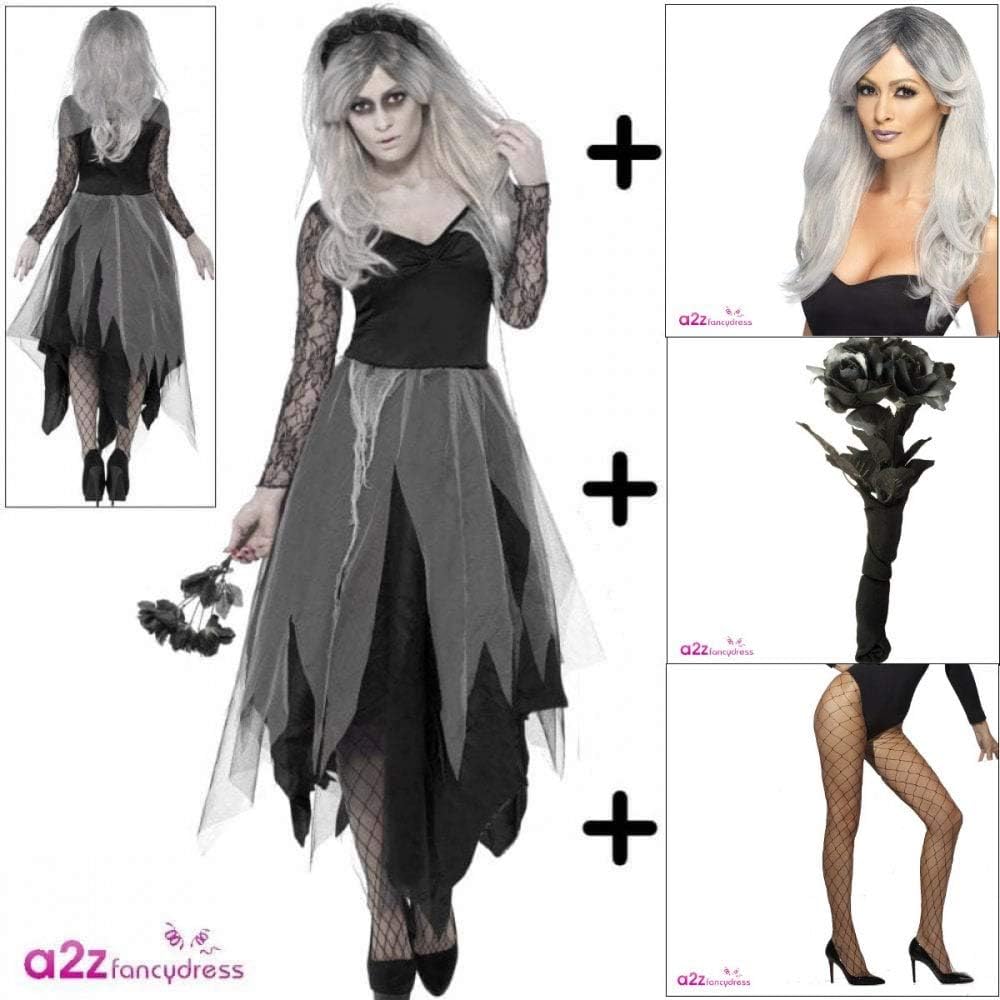 Smiffys International Graveyard Bride + Wig + Tights + Bouquet Ladies Halloween Fancy Dress Adults Womens Costume M (UK: 12-14)