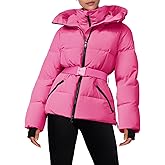 Fisoew Womens Ski Jacket Warm Hooded Insulated Waterproof Quilted Puffy Mountain Snow Winter Coat with Belt