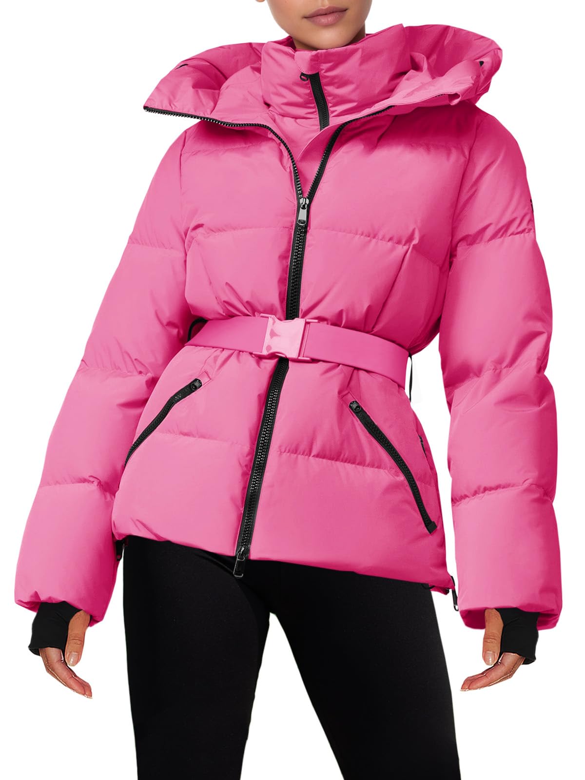 Photo 1 of Fisoew Women Ski Jacket Warm Hooded Insulated Waterproof Quilted Puffy Mountain Snow Winter Coat with Belt