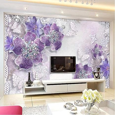 Amazon Co Jp ヨーロピアンスタイルパープルフラワージュエリー3d写真壁画壁紙リビングルームホテルファッションインテリアデザイン高級壁紙フレスコ 400x280cm ホーム キッチン