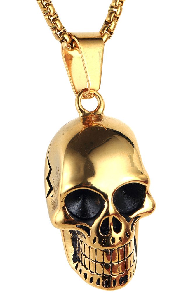 HIJONES Mens Stainless Steel Gothic Biker Gold Plated Skull Charm Pendant Necklace Punk โ image 1