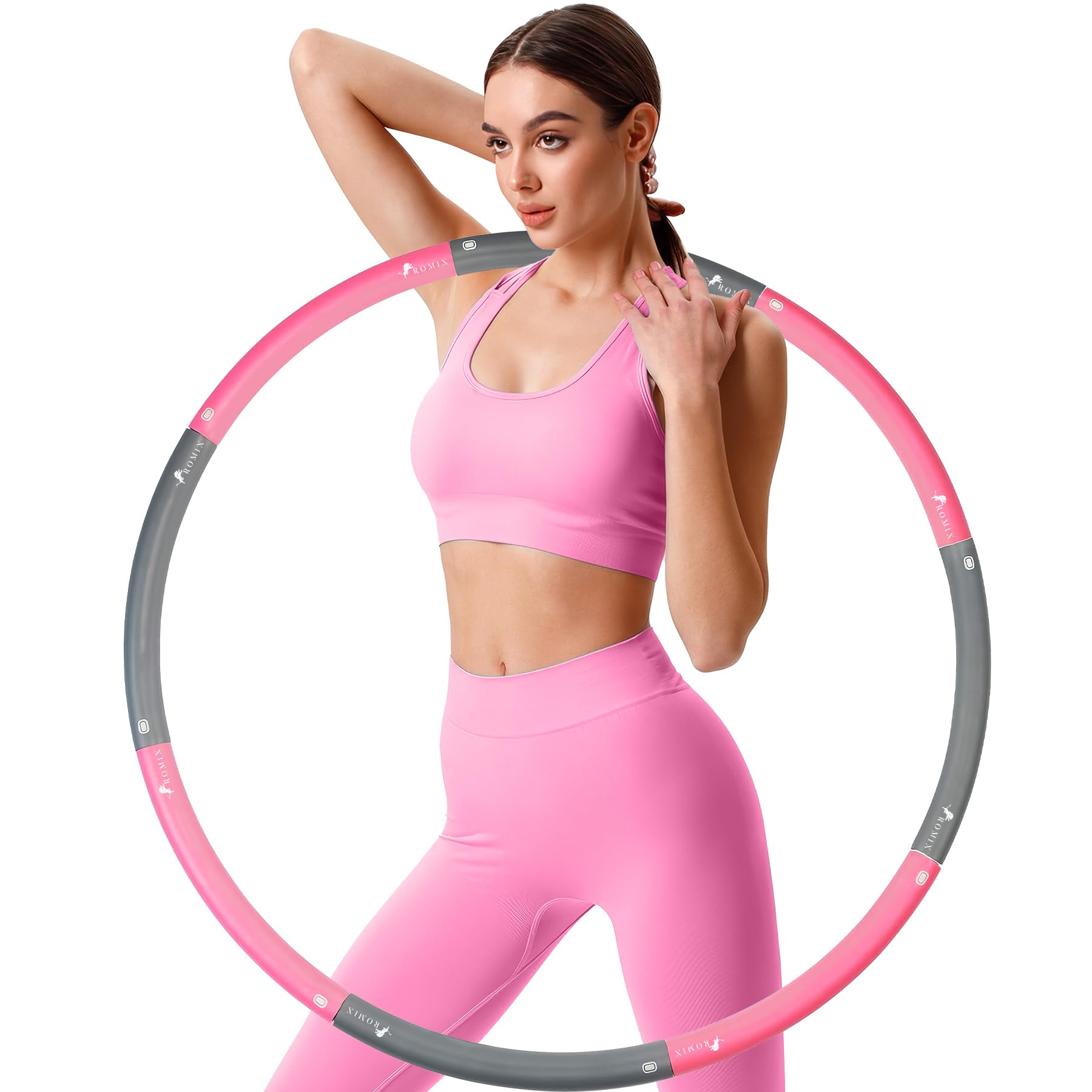 ROMIX Weighted Hula Hoop for Adults and Kids, Soft Foam Padded Circle 1 kg 2.2lbs Fitness Hula Hoops With 8 Section Detachable Adjustable Weight Loss Hula Hoop, Party Sport Games - Pink