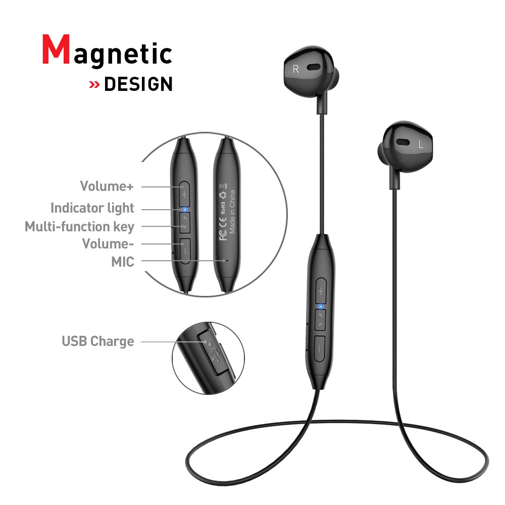 Bluetooth Headphones, Wireless Earphones HD Stereo Noise Canceling Earbuds Sweatproof Headset with Mic(Black)