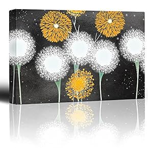 Illustrations of Yellow and White Dandelion Flowers Over a Black Chalkboard Background - Canvas Art Home Art - 12x18 inches