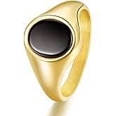 TRUMIUM 18K Gold Plated Signet Rings for Men Women Black Onyx inlay Silver Gold Wedding Bands Lightweight Thick Statement Ring Comfort Fit Size 7-13