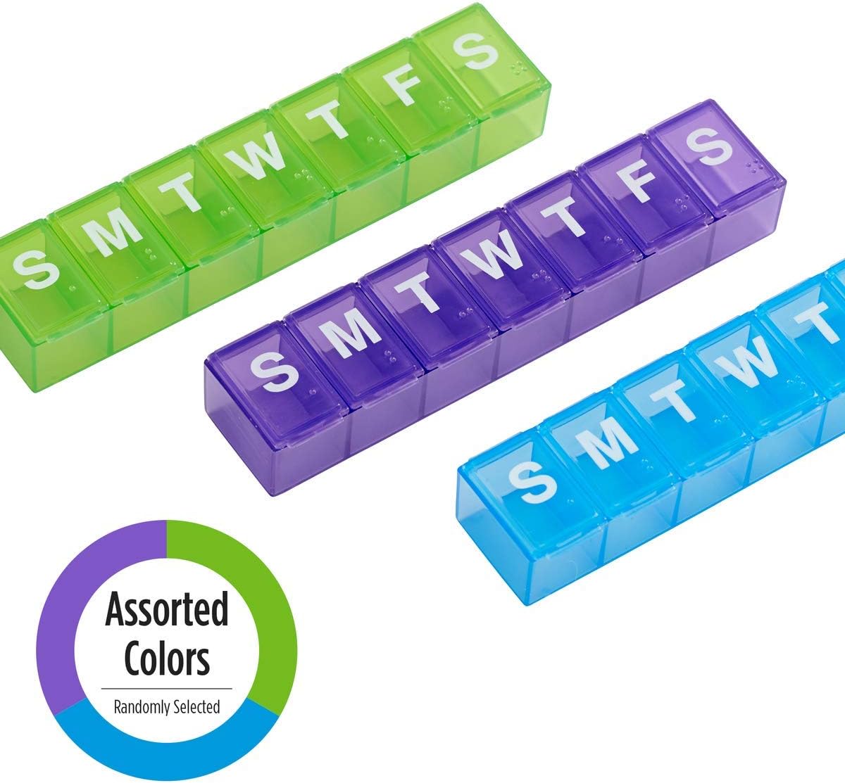 EZY DOSE Travel (7-Day) Pill, Medicine, Vitamin Organizer Box, Weekly, Daily Planner, Large Compartments, Colored Lids, Assorted Colors, Blue (67006): Health & Personal Care