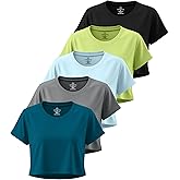Real Essentials 5 Pack: Women's Dry-Fit Crop Top Short Sleeve Shirts Workout Gym Cropped Athletic Tee (Available in Plus)