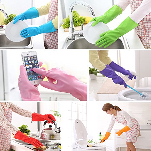 Rubber Gloves Latex Kitchen Cleaning Gloves Household Waterproof Dishwashing Reusable (3 Pairs Medium & 3 Pairs Large)