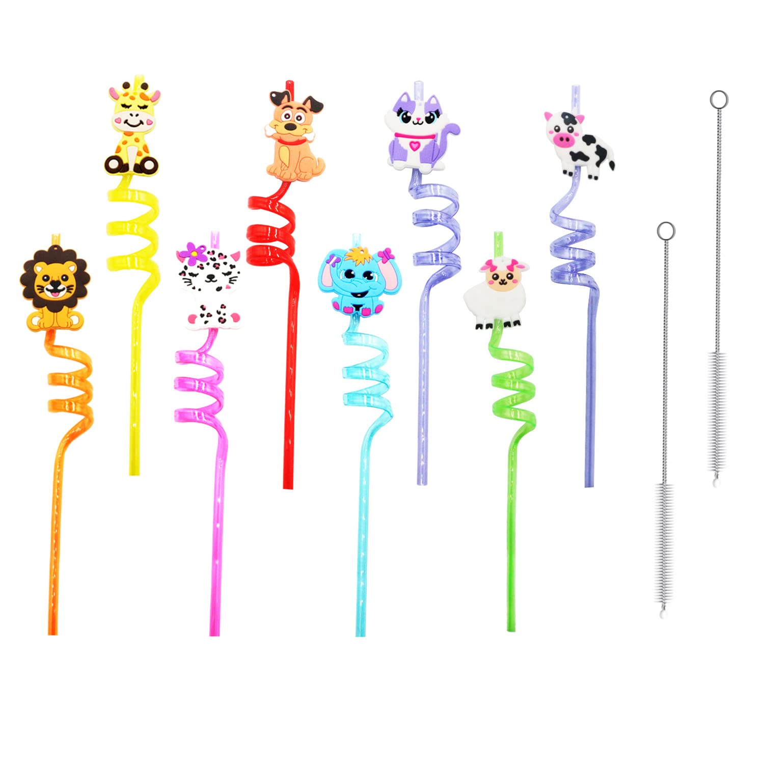 8pc Animal Image Party Spiral Knotted Curly Reusable Straws with 2 Straw Cleaning Brushes for Milk, Juice, Cocktails, Bars