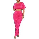 Euulin Women's 2 Piece Outfits Flare Sleeve Crop Tops Sexy Bodycon Jumpsuits Maxi Dresses Midi Ruched Skirt Sets