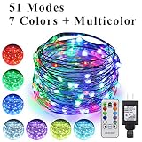 ErChen 51 Modes 7 Colors + Multicolor LED String Lights, 33FT 100 RGB LEDs Plug in Color Changing Silver Copper Wire Fairy Lights with Remote Timer UL Adapter for Christmas Party Bedroom
