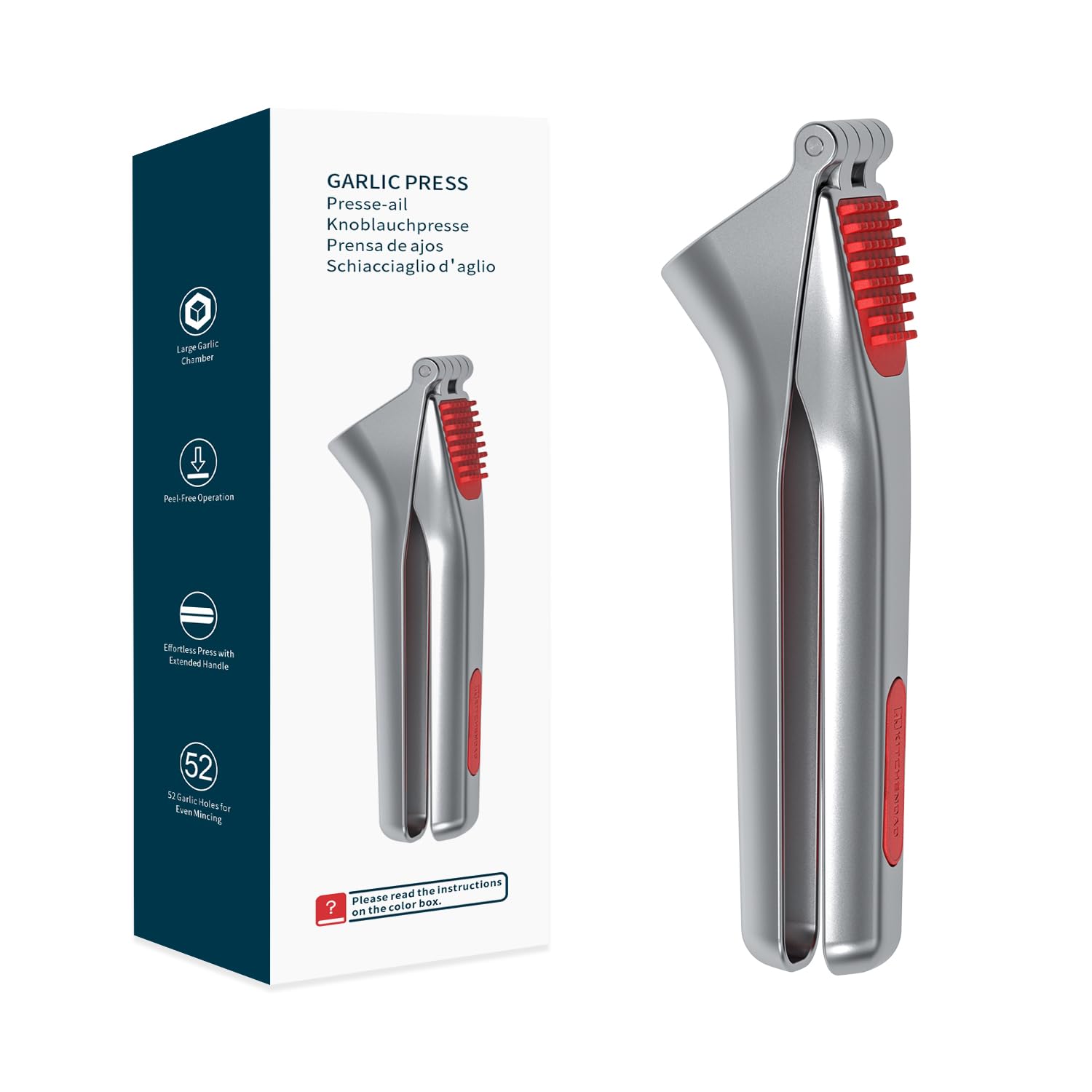 KITCHENDAO Hochleistungs-Knoblauchpresse mit integriertem Schaber und Reinigungsschieber, Knoblauchzerkleinerer aus Zinklegierung, Garlic Press mit großem Behälter (Kein Schälen Nötig)