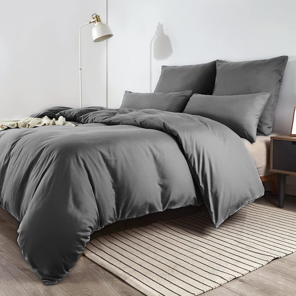 Soifox King Size Duvet Cover Set - Microfiber Plain Dark Grey Bedding Bed Set with Pillow Cases, Soft Zipper Closured Quilt Cover Kingsize Bed, Charcoal Grey