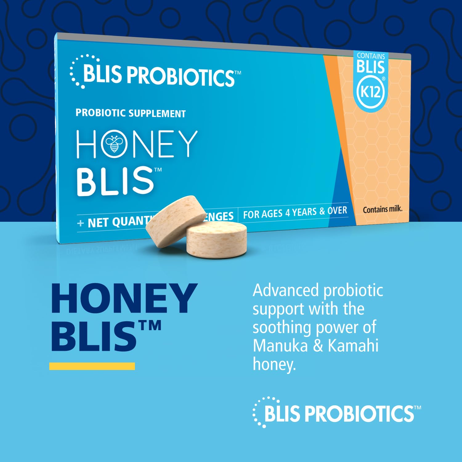 BLIS HoneyBlis Oral Probiotic Throat Lozenges - Manuka Honey, K12, Immune Support - 16 Lozenges