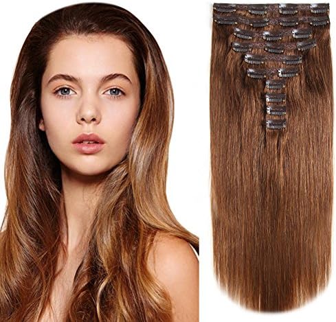 HEESAGA Clip in Real Human Hair Extensions, 14 Inch 120 Grams/4.2 Ounce 10 Pieces with 22 Clips per Set (#6 Light Brown)