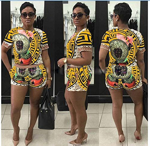 Women's Two Piece Outfits - Sexy Short Sleeve Crop Top and Shorts Set Large Yellow