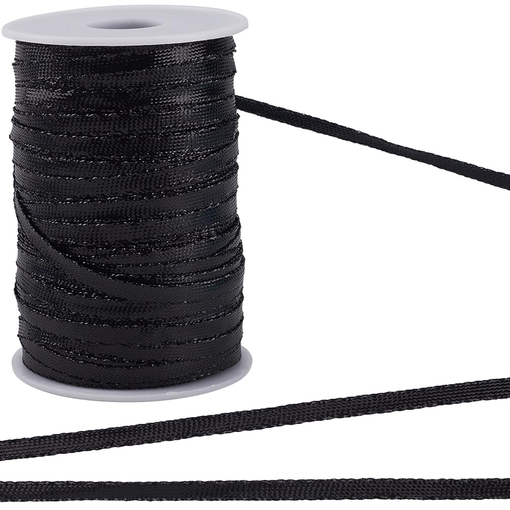 GORGECRAFT 100M Gota Patti Trim Rolls 5mm Black Metallic Lace Trim Ribbon Decorative Embroidery Edge Trimming with Plastic Spool for Clothes Sewing Saree Dupatta Dresses Embellishment