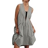 Fisoew Women's Sleeveless Tank Mini Dress Casual Half Zip V Neck Loose Mesh Back Utility Summer Dresses with Pockets Grey