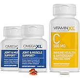 OmegaXL Joint Support Supplement, Natural Muscle Support 60 Softgels (2 Pack) & VitaminXL Vitamin C Supplement for Antioxidant Support, Helps Immune Health and Collagen Production (30 Vegan Capsules)