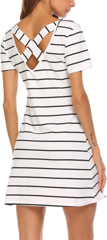 FeagerWomen's Casual Striped Criss Cross Short Sleeve T Shirt Dress