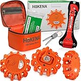 HOKENA LED Road Flares Emergency Lights - Roadside Warning Car Safety Flare Kit for Vehicles & Boat | 3 Beacon Disc Pack with Tools for Easy Battery Replacement & Bonus Seatbelt Cutter