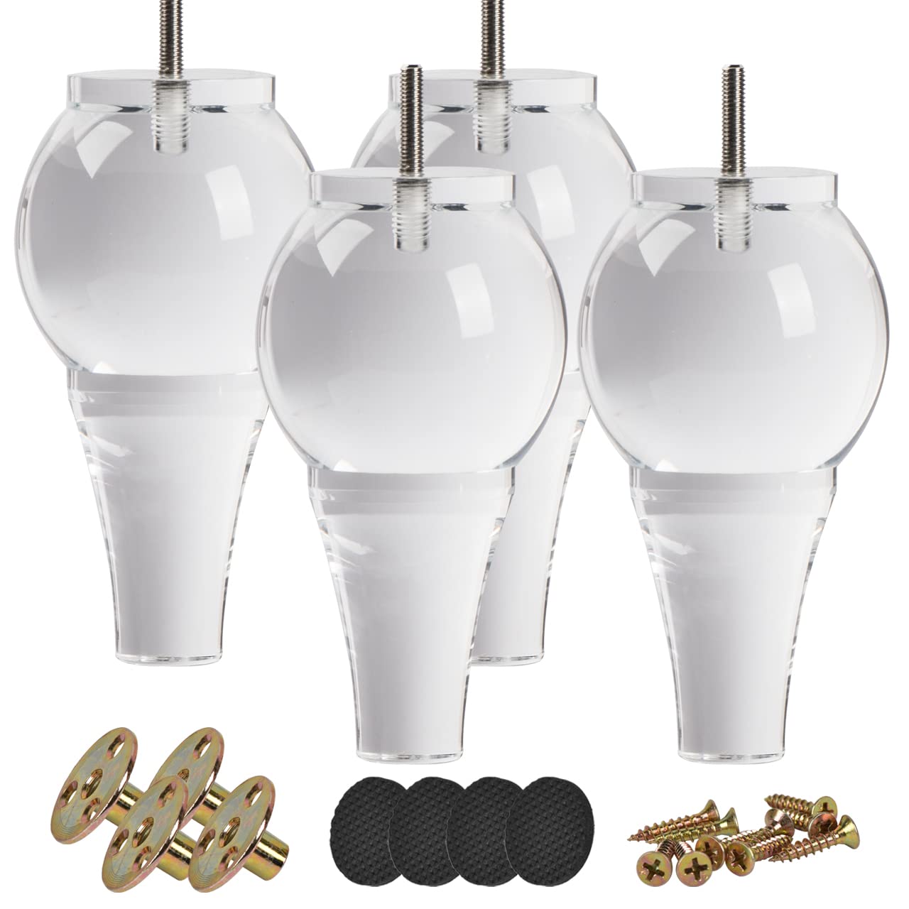 Btowin 7 inch Acrylic Furniture Legs, 4Pcs Turned Clear Glass Bun Feet with Threaded M8 Hanger Bolts & Mounting Plate & Screws for Sofa Couch Cabinet Bed