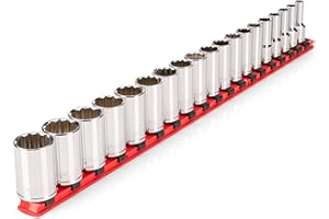 TEKTON 3/8 Inch Drive Semi-Deep 12-Point Socket Set with Rail, 19-Piece (6-24 mm) | SHD91122