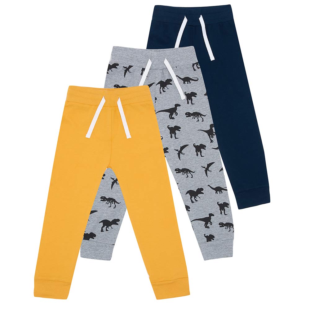 Lovjoy 3-Pack Toddler Kids Joggers Tracksuit Bottoms for Boys - Soft Cotton Trousers - Elastic Waist & Adjustable Drawstrings - 1-4 Years (Yellow, Grey, Navy)