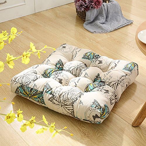 TMJJ Cotton Linen Floor Pillow Square Japanese Futon Seat Cushion Thicken Chair &amp; Bay Window Pad 21" x 21",Butterfly Love
