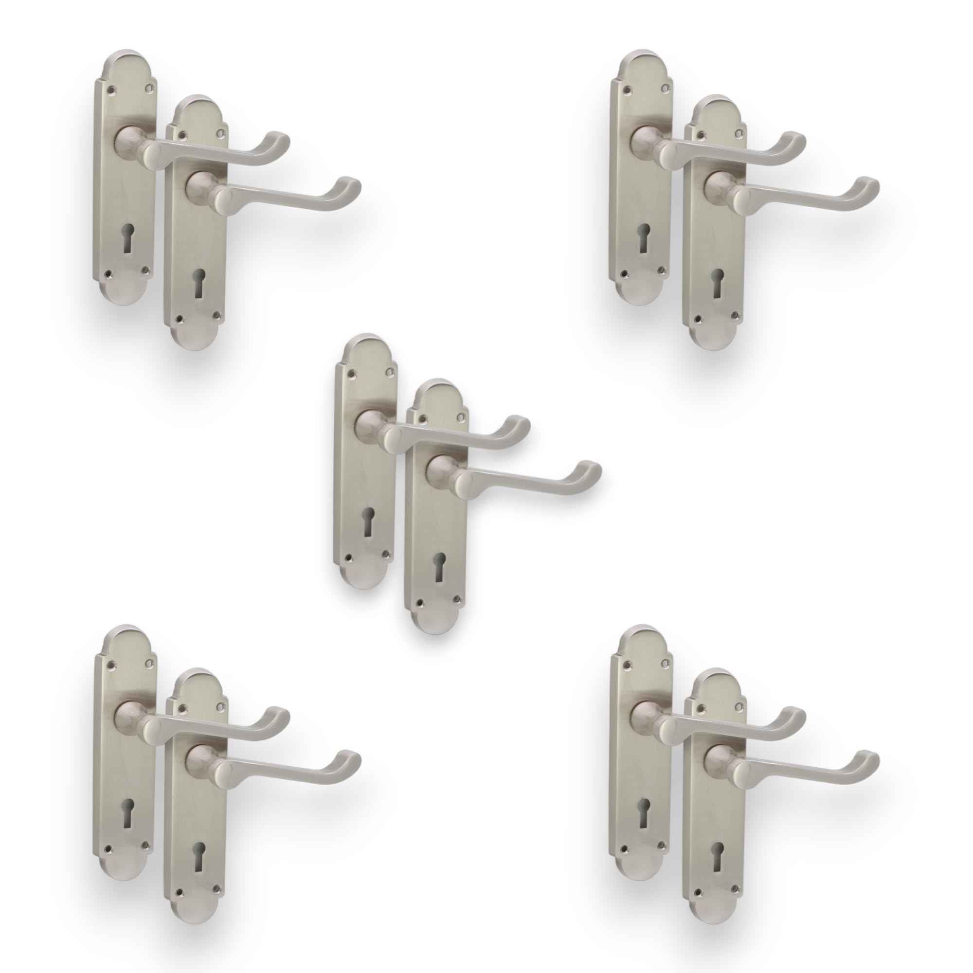 Infinity Decor Set of 5 Victorian Scroll Oakley Lever Lock Pull Door Handle on Half Round Backplate - Satin Nickel