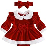 Dobeiokal Newborn Baby Girl Christmas Outfit Plush Trim Long Sleeve Romper Dress Xmas Princess Dress Cute Winter Clothes