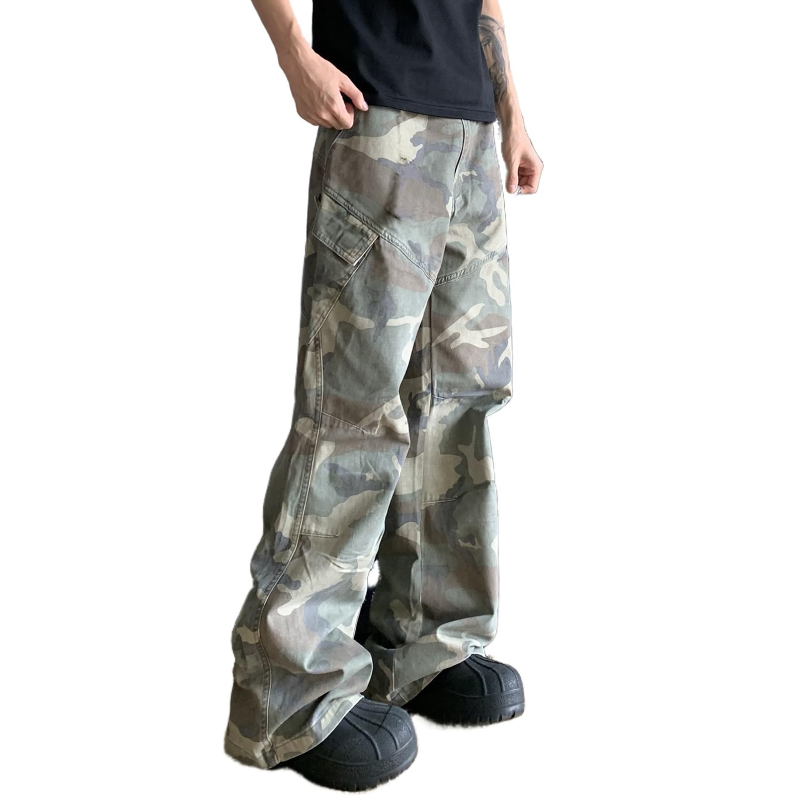 Photo 1 of HBER Mens Camo Cargo Pants Baggy Jeans Mid Rise Wide Leg Flap Pockets Loose Fit Camouflage Y2k Streetwear Pants M