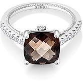 Gem Stone King 4.12 Cttw Smoky Quartz and White Created Sapphire Engagement Ring For Women | 925 Sterling Silver | Cushion Checkerboard 10MM | Wedding Anniversary Promise Ring For Women