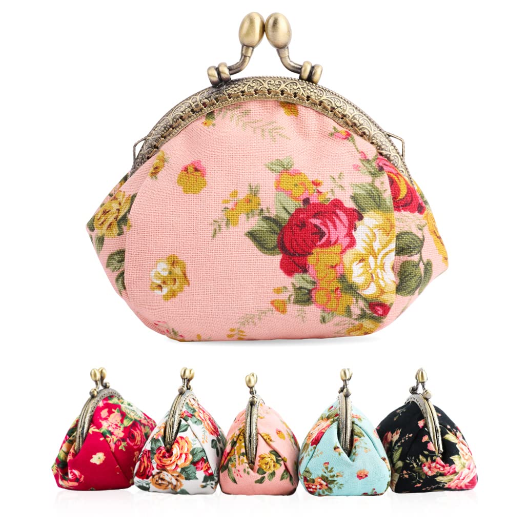 iSuperb Coin Purse Buckle Clutch Coin Pouches Canvas Round Vintage Coin Bags Hasp Wallet Lady Money Bags for Coins Kiss-Lock Change Pouch Rose Pattern Handbag for Women Girl (Pink)
