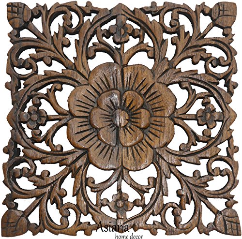 Set of 3 Carved Wood Wall Plaques. Floral Wood Wall Hanging. Rustic Wood Wall Decor. Brown. Size 12" Square