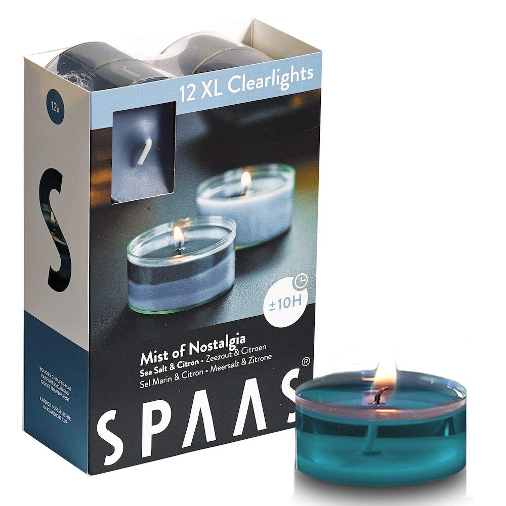 Spaas 12 Maxi Scented Tealights in Transparent Clear Cup, ± 10 Hours, Mist of Nostalgia,Sea Blue