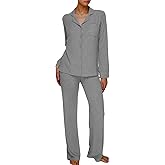 AnotherChill Women's Pajamas Set Long Sleeve Button Down Ribbed Knit 2 Piece Sleep Sets Loungewear Soft Pjs