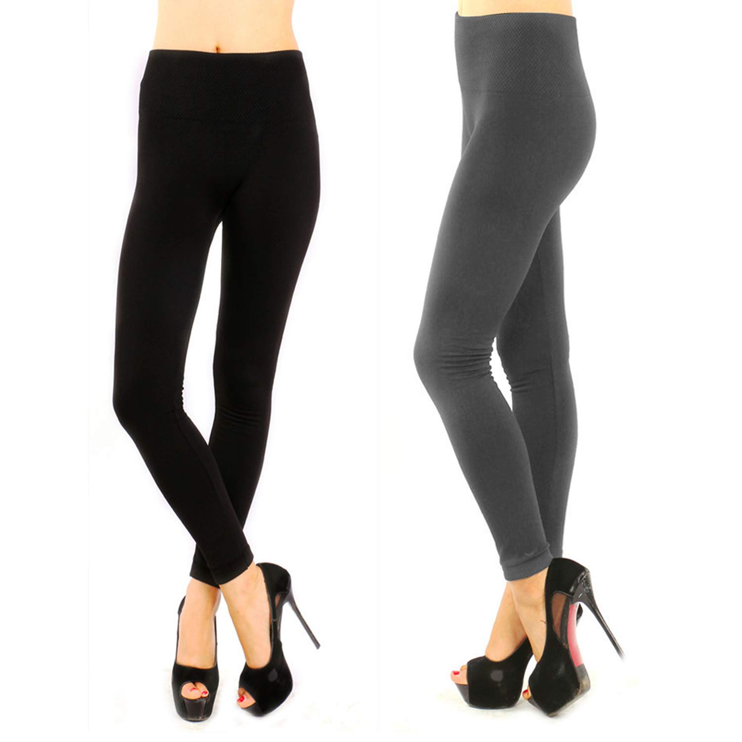 Double Couple 2 Pack Women High Waist Slimming Opaque Fleece Lined Leggings Fashion Pants Workout