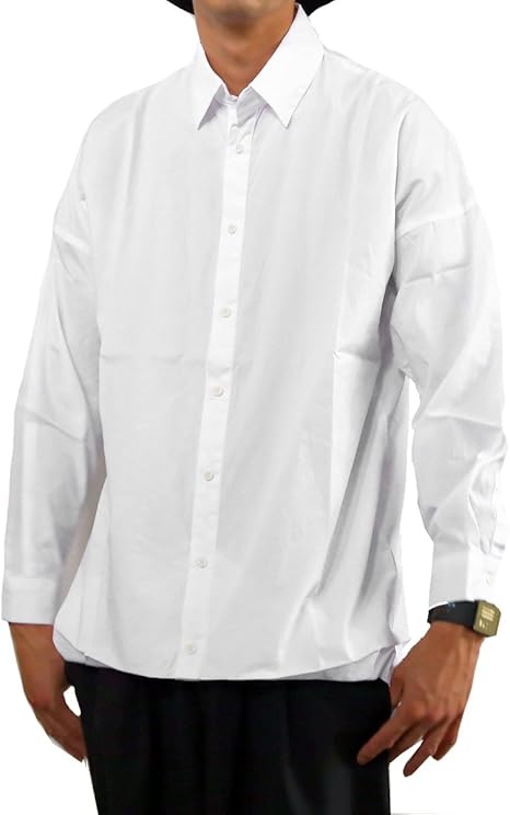 Amazon 日本製 変形 デザイン 長袖 ロングシャツ メンズ シャツ ロング丈 長袖シャツ 無地 チュニック おしゃれ ロンシャツ ビッグシルエット 大きいサイズ ゆる ゆるカジ 秋 冬 ホワイト Free シャツ 通販