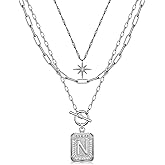 MJartoria Layered Initial Necklaces for Women Trendy, 14K Gold Plated Brass Simple Star Choker Square Letter Pendant Necklace, Paperclip Chain Necklaces Jewelry Gifts