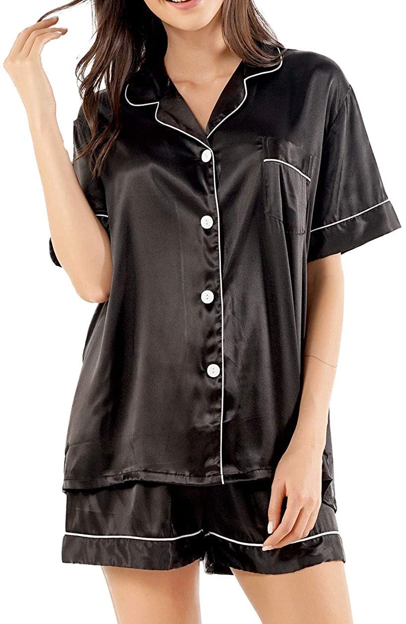 Nofaner Silk Pyjamas for Women, Ladies Pyjamas Short Sleeve Button-Down Nightwear Sleepwear Loungewear Nightwear Silky Comfort Pj Sets S-XXL